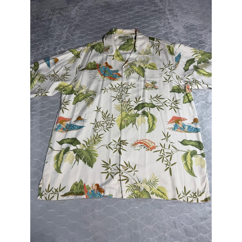 Tommy Bahama Mens Large Silk Hawaiian Shirt Geisha Tropical Bridge White Green